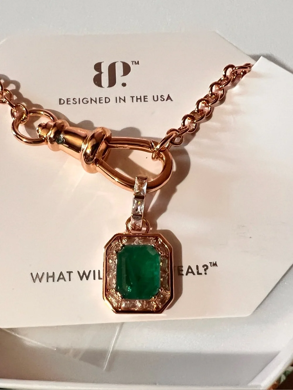 NWT bp Rose Gold Necklace with Green Emerald-Style Pendant